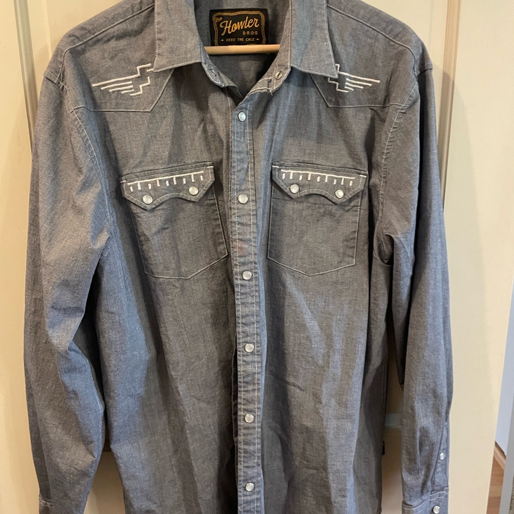 Howler Brothers Charcoal Embroidered Pearl Button Down Shirt